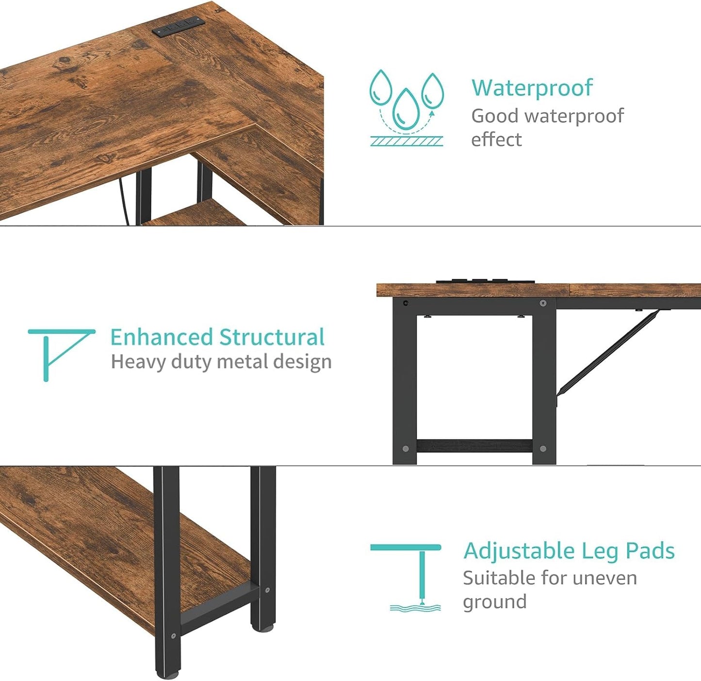 Lufeiya L Shaped Computer Desk with Power Outlet Shelves, 47 Inch Corner Desk for Home Office Bedroom, L-Shaped Study Writing Working PC Desks, Rustic Brown