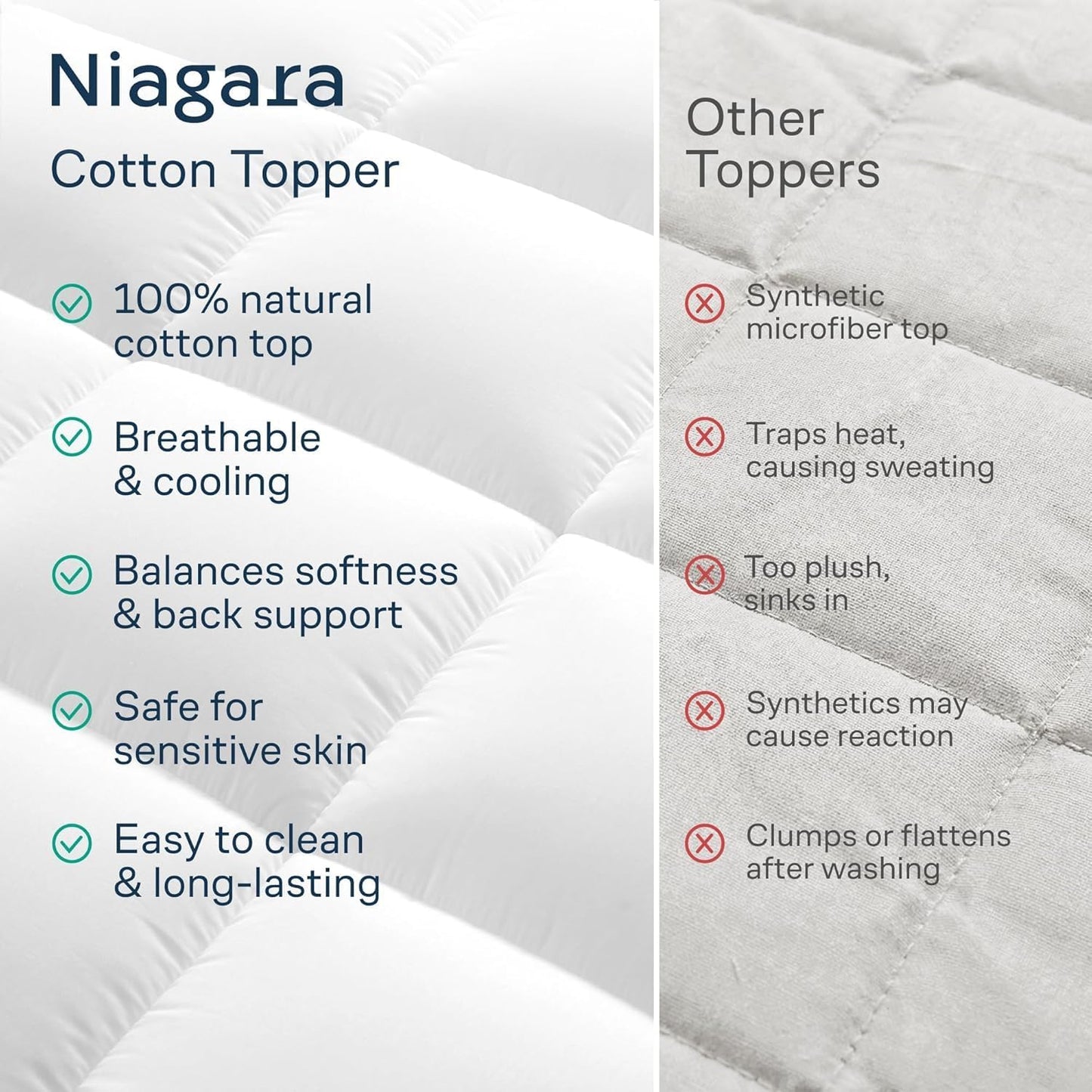 Niagara Sleep Solution Cloud-Like Full Size Mattress Topper - 100% Cotton Top Mattress Pad for Back Pain Relief - Breathable & Naturally Cooling for Hot Sleepers, White