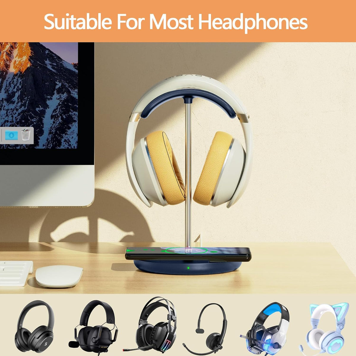 Hiwe Headphone Stand with Wireless Charger, Headset Holder for Desktop