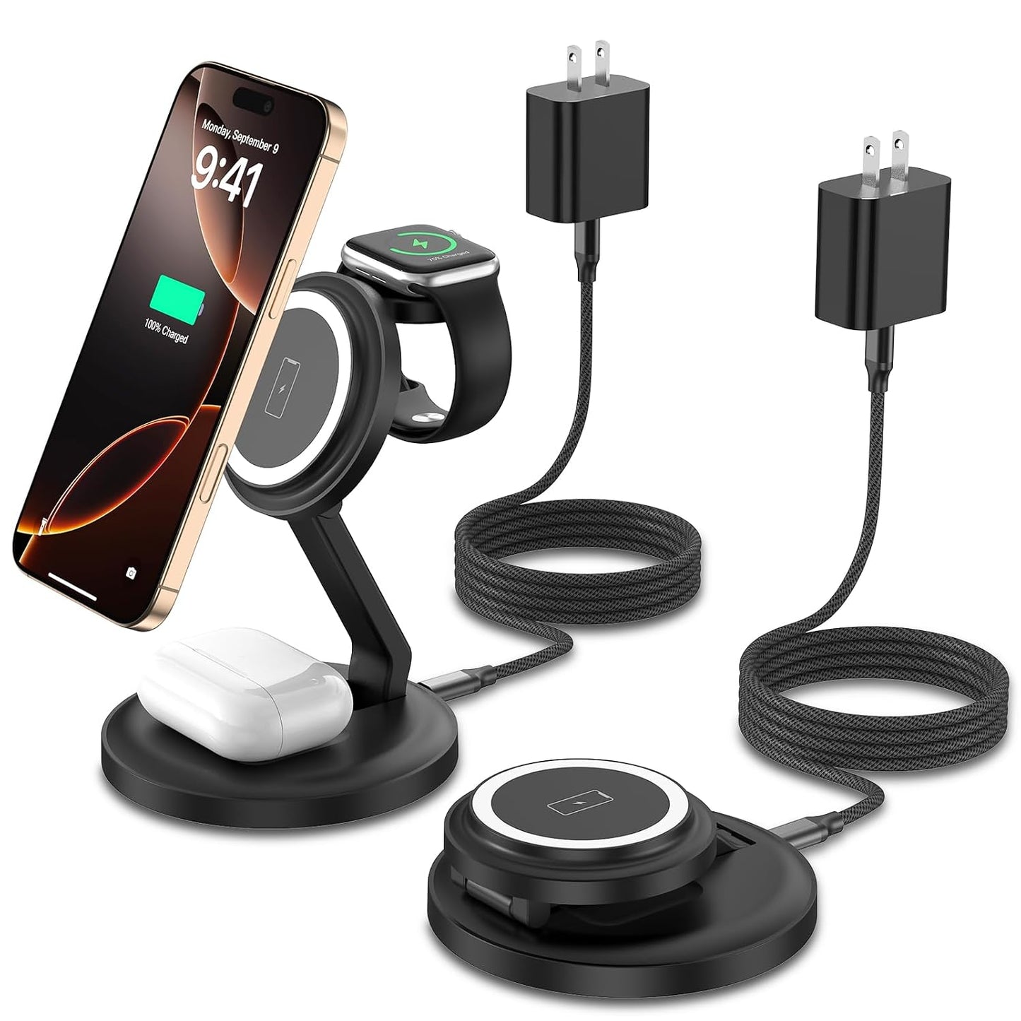 Charging Station, 3 in 1 Foldable Wireless Charger iPhone Charging Station Charger Stand Multiple Devices for Apple, with PD Adapter and USB C Cable for iPhone 17/16/15/14/13,iWatch,AirPods All Series