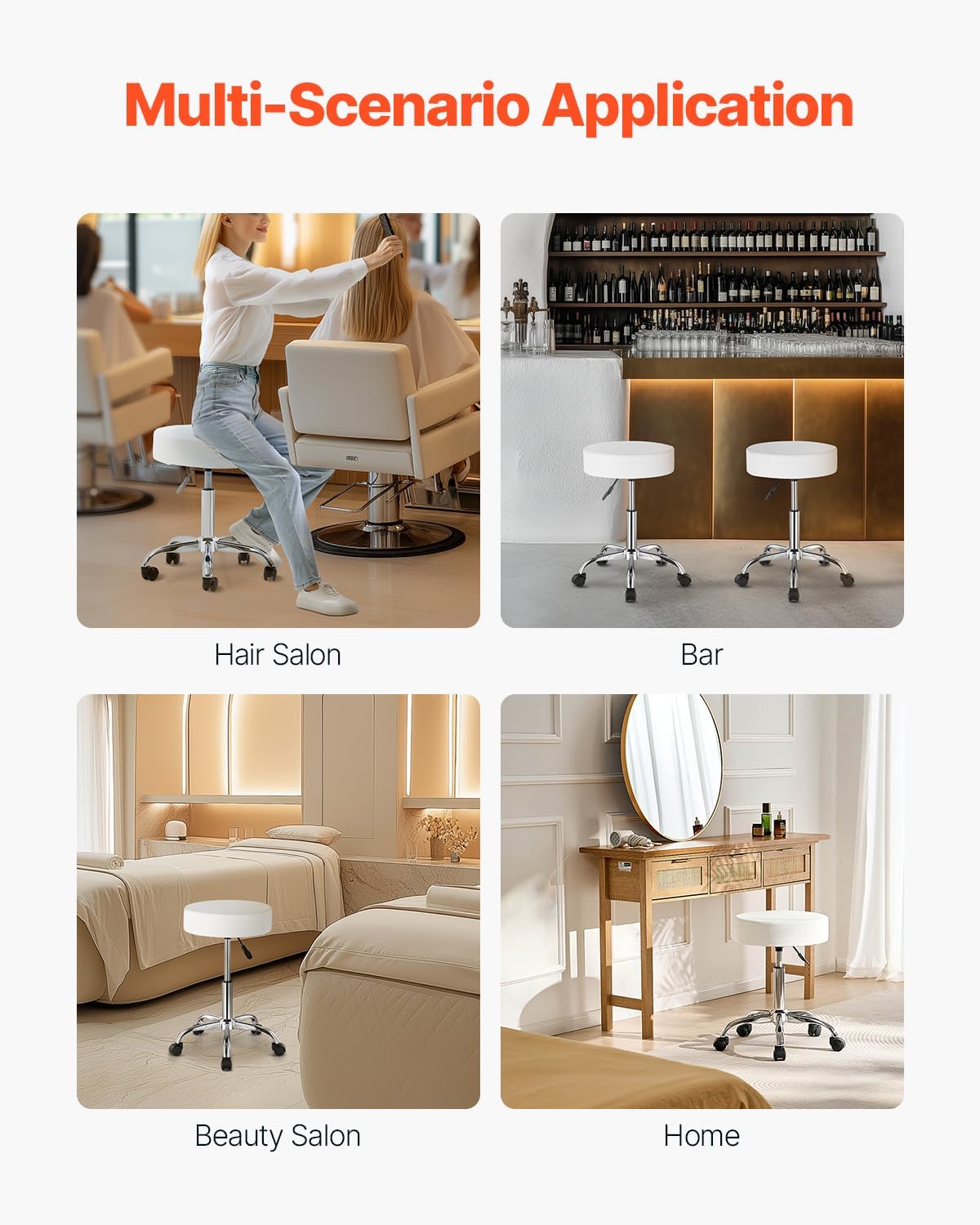 VEVOR Rolling Stool with Wheels, 450 LBS Weight Capacity Round Rolling Stool Chair, Height Adjustable Thickened PU Leather Swivel Stool for Salon, Spa, Massage, Tattoo, Clinic, White