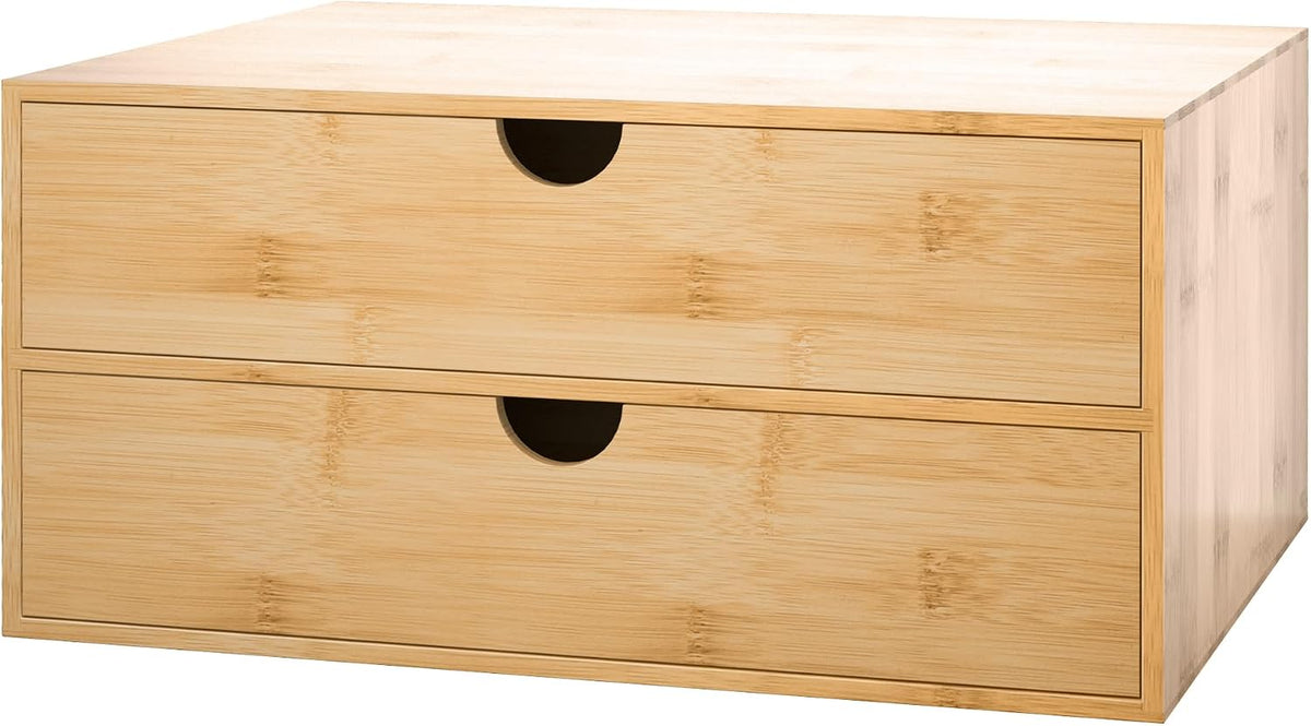 Bamboo Desk Drawer Organizer, Large Desktop Organizer with Drawers Tabletop Storage Organization Box for Office Home Toiletries Supplies Vanity, No Assembly Required (2 Drawer)