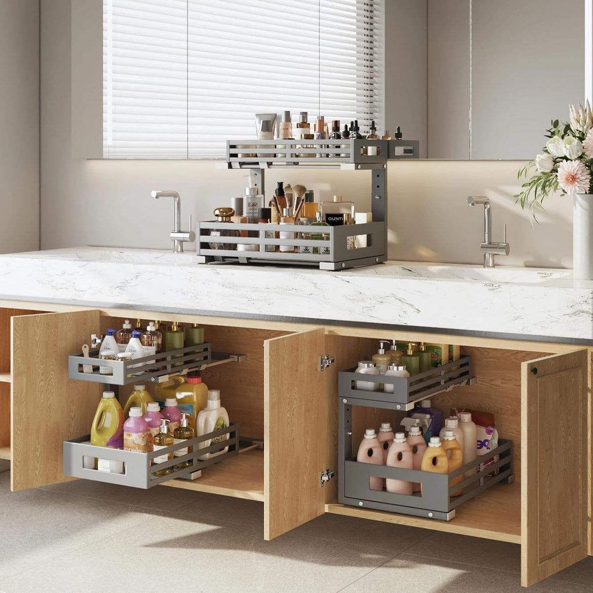1-Pack Under Sink Organizers and Storage,2-Tier L Shape Pull Out Cabinet Organizer With Round Tube Slide Rails,Hight Adjustable Slide Out Drawers for Kitchen&Bathroom,Multi-Purpose Storage Shelf-Gray