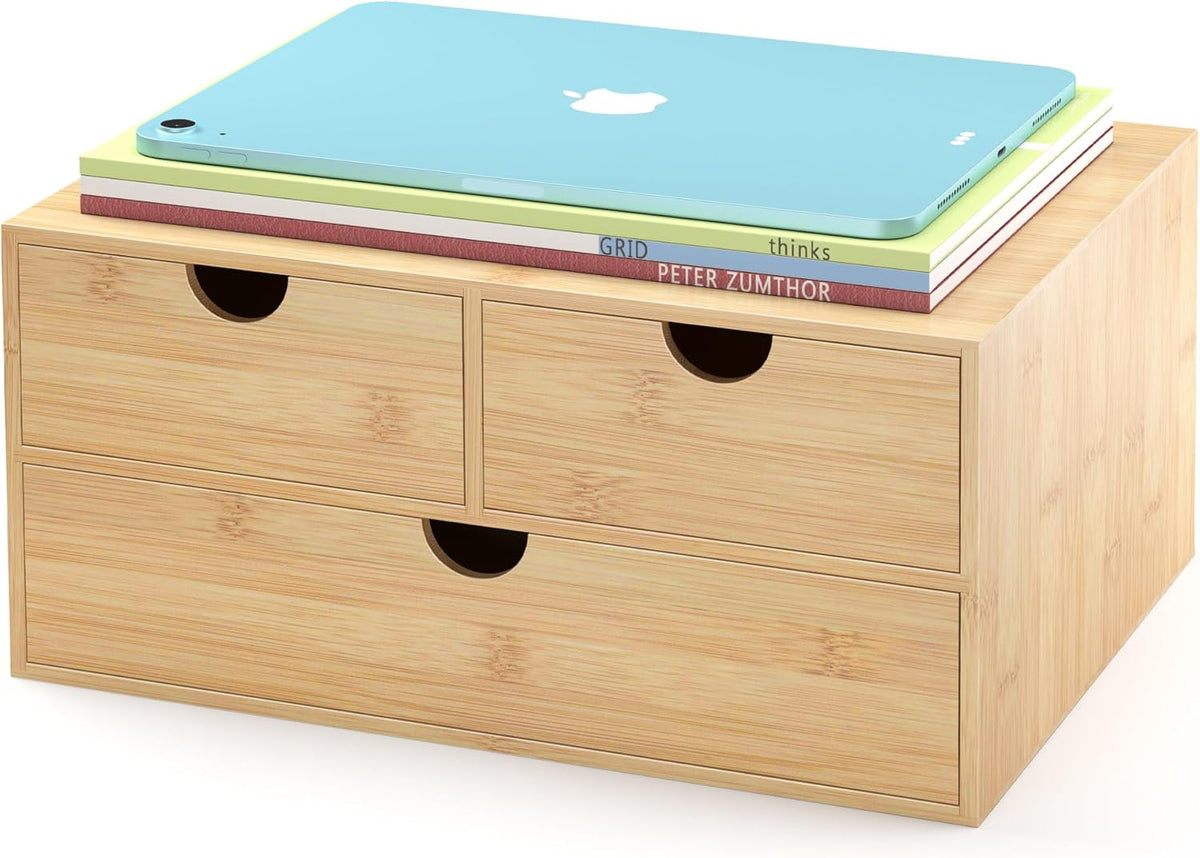 Wisuce Bamboo Desk Drawer Organizer, 2 Drawer Desktop Organizer with Drawers Tabletop Storage Organization Box for Office Home Toiletries Supplies Vanity, No Assembly Required