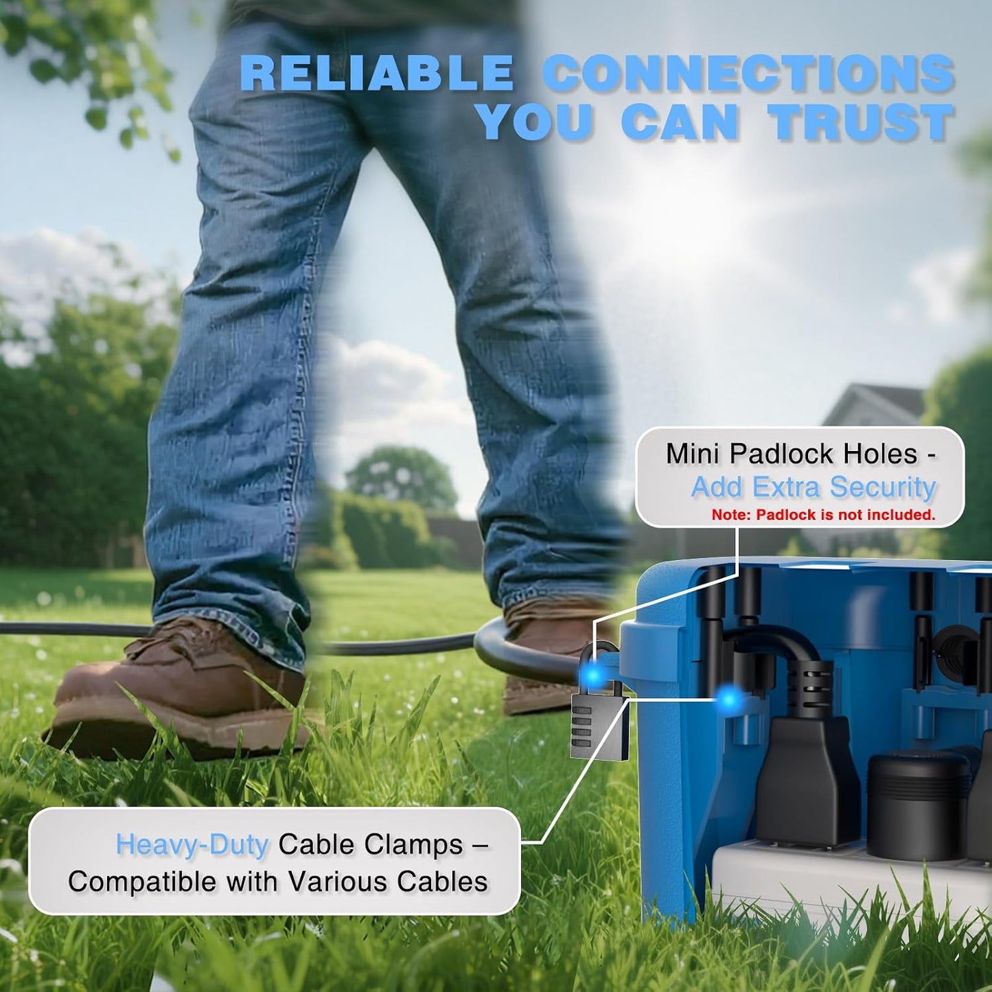 Flemoon Medium Outdoor Electrical Box, IP54 Waterproof Extension Cord Cover | Inner Size 9.4 x 4.3 x 3.2 Inch, 6 Cable Entry Ports, Weatherproof Connection Box for Outlet, Holiday Lights, Blue, 2 Pack