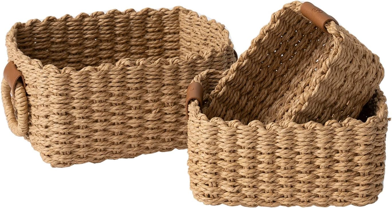 LA JOLIE MUSE Woven Storage Baskets for Organizing, Recycled Paper Rope Basket Bin Divider for Makeup Towel Shelf Cupboards Drawer Closet Dresser, Decorative White Storage Basket Set of 3