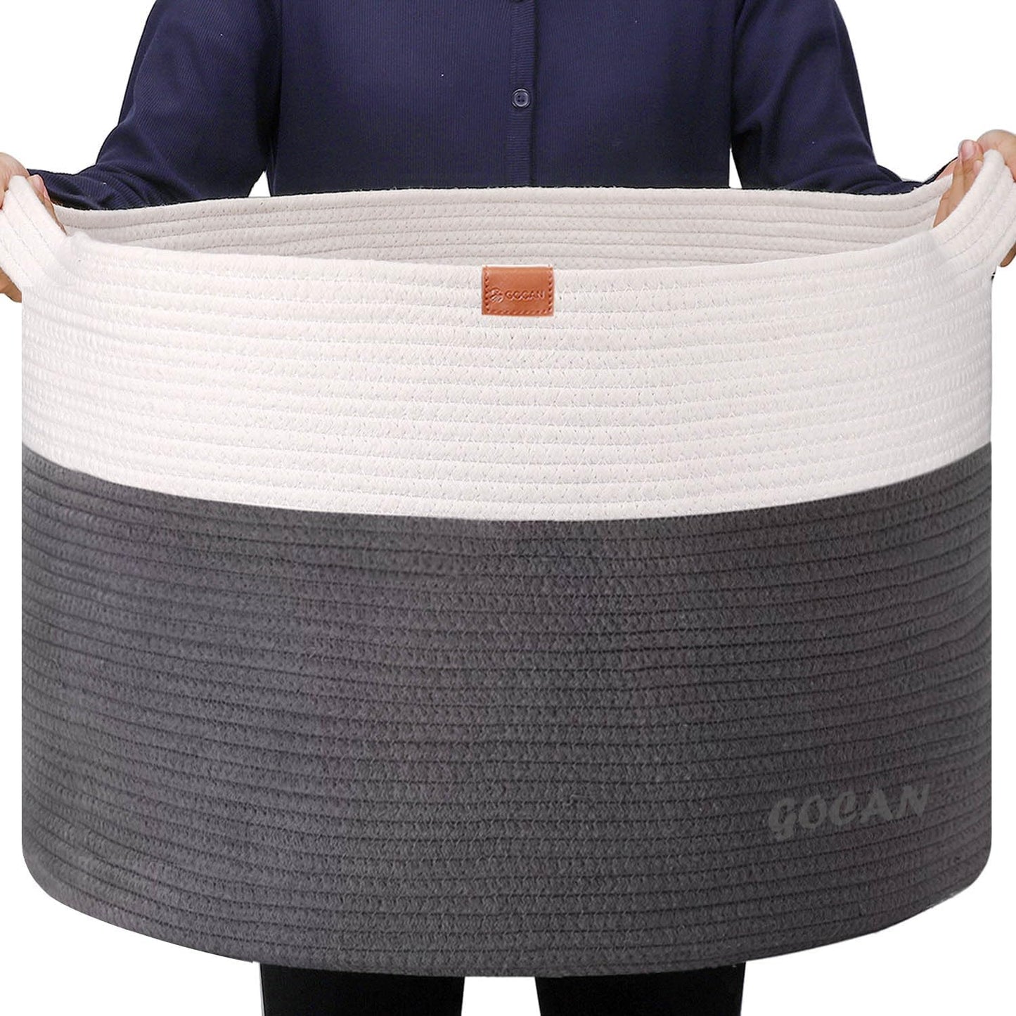 Cotton Rope Woven Laundry Basket 22"X 22"X 14" with handles (Pure Blk) XXXL | Hand-woven, ideal for storing blankets and cushions in the living room, and clothes for household storage.