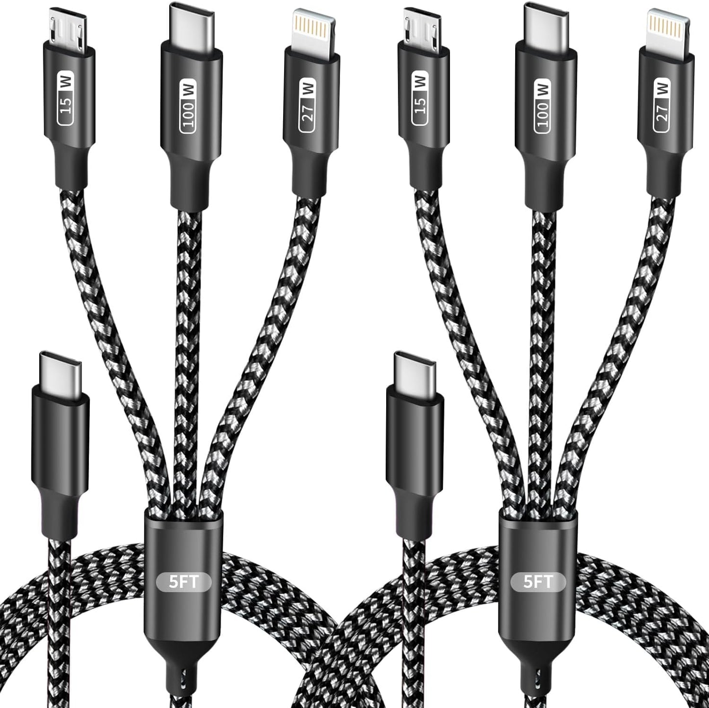 Dual Type-C 4 in 1 Multi Charging Cable for iPhone 17/ Galxy S26, Travel Cruise Essentials, USB Cable iPhone Charger Cord, Charging Cords for iPhone17-8/Androids/iPad and More, Car Charger (2Pack 5FT)