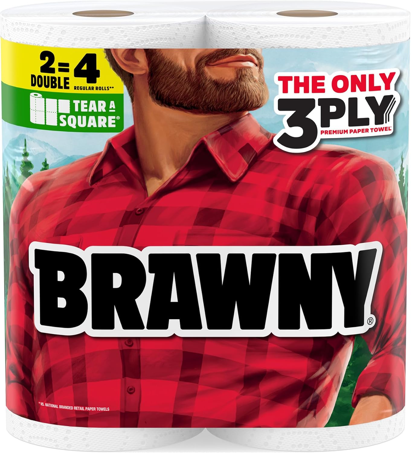 Brawny Tear-A-Square 3-Ply Paper Towels, 12 Double Rolls = 24 Regular Rolls, Strong, Absorbent, and Durable with 3 Sheet Sizes