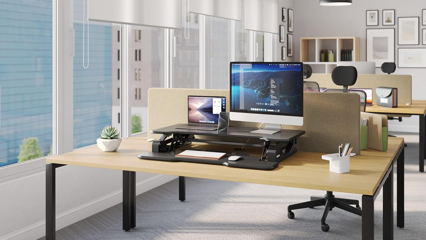 Mount-It! 38 Inch Standing Desk Converter - Gas Spring Sit Stand Desk Riser for Dual Monitors - Height Adjustable Desktop Workstation with Keyboard Tray - Black