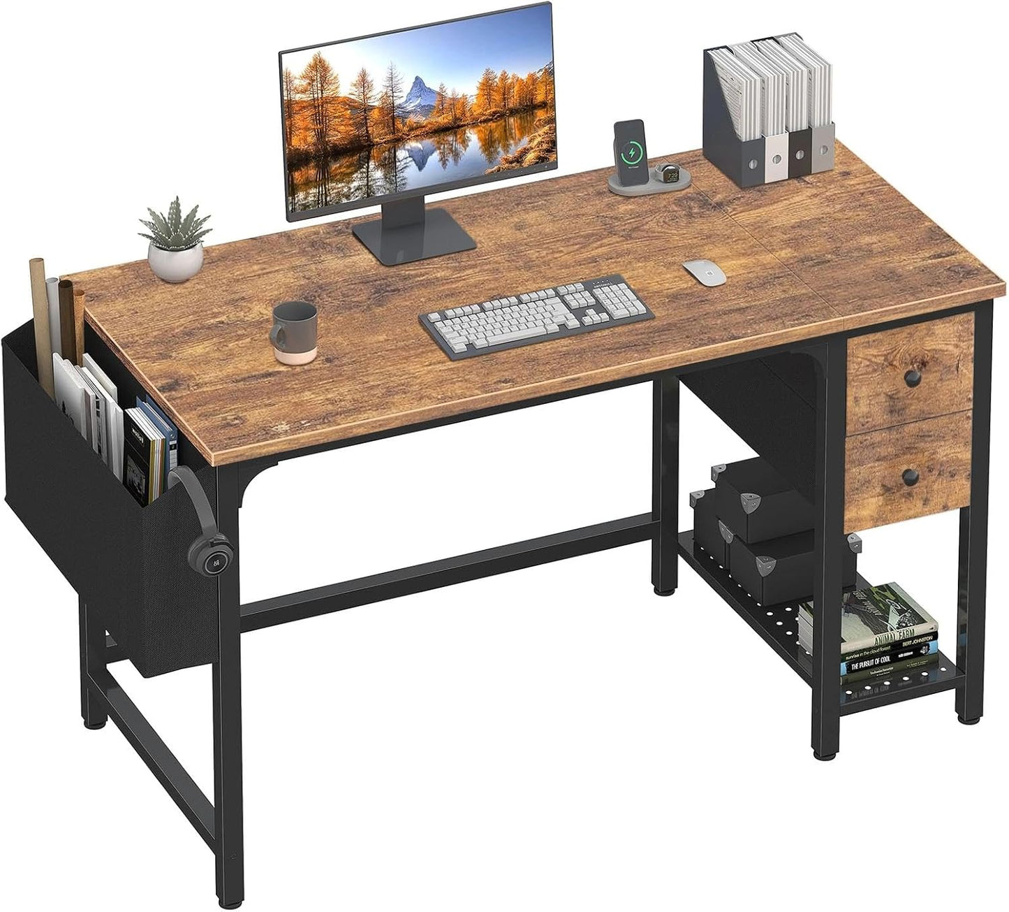 Lufeiya Computer Desk with Fabric Drawers, 40 Inch Reversible Gaming Desk for Small Space Home Office, Modern Simple Study Writing Table PC Desks for Bedroom, Black