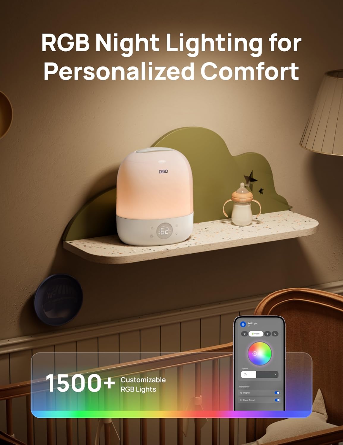 DREO Humidifiers for Bedroom - 30H Max Runtime & RGB Night Light & Sleep Trainer, Ultra Quiet 28dB Cool Mist Humidifier, Top Fill Smart Air Humidifier for Plants, Perfect for Baby & Nursery, HM409S