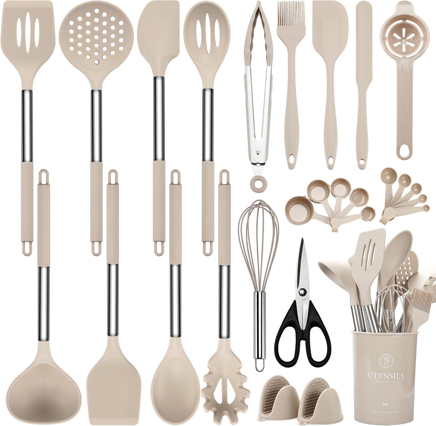 NCUE Silicone Cooking Utensils Set, 28 Pcs Kitchen Utensils Set 446°F Heat Resistant Spatula Set, Food Grade Silicone and Stainless Steel Handle Kitchen Gadgets for Nonstick Cookware BPA Free