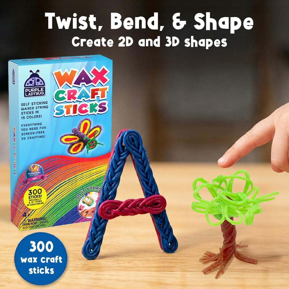 PURPLE LADYBUG 300 PCS Bendable Wax Craft Sticks - Road Trip Essentials Kids, Travel Games & Travel Toys for Toddlers in Car, Airplane Activities for Kids Ages 4-8, Camping & Summer Essentials