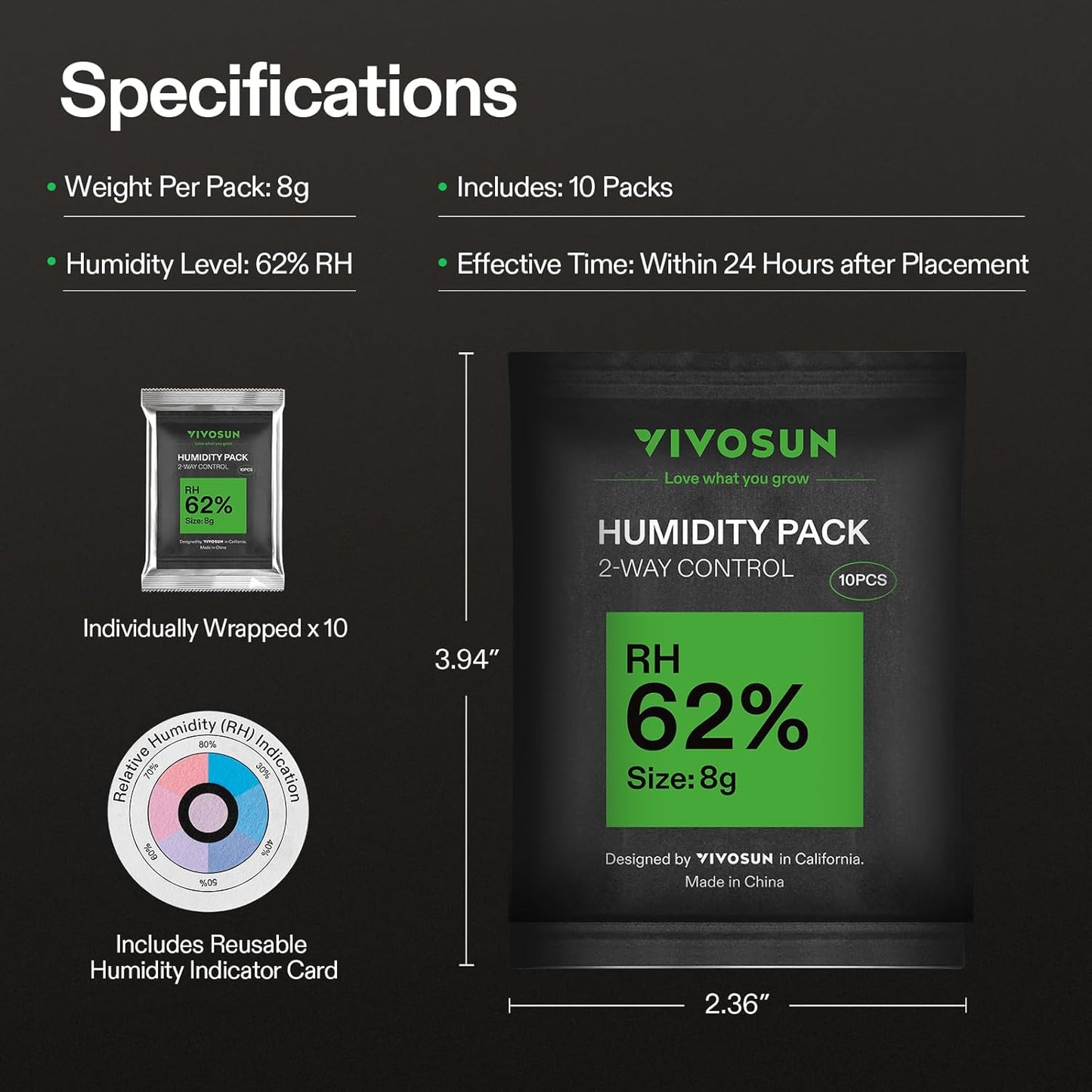 VIVOSUN 62% RH Two-Way Humidity Control Packs, Size 8 g, 10 Packs, Each for Storing 1 oz, Moisture Balancer with RH Indicator Card for Food Storage