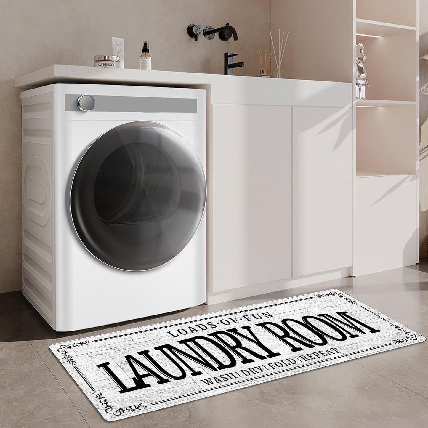 Non-Slip Rubberback Laundry Room Rug Runner 20''x47'' - Kitchen Farmhouse Decor Floor Laundry Mats for Mudroom and Bathroom Carpet Machine Washable Waterproof, Black