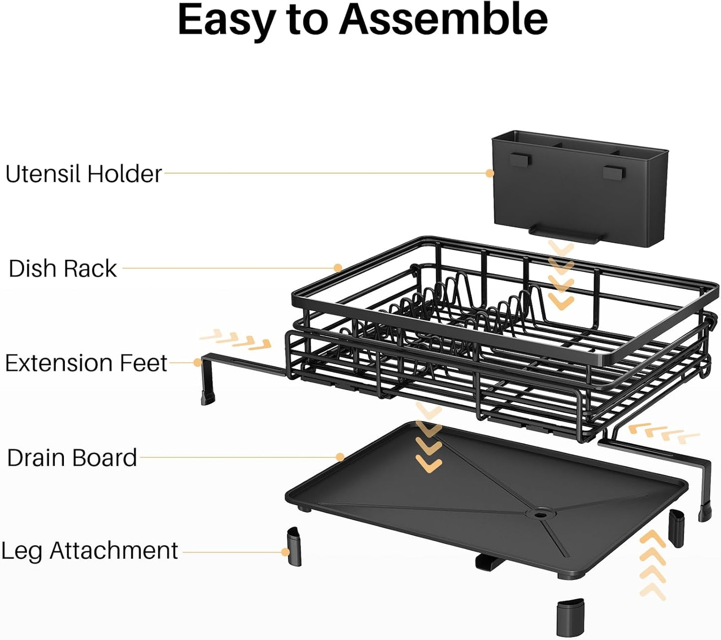 SNTD Dish Drying Rack - Extendable Dish Rack, Large Sink Drying Dish Drainer for Kitchen Counter, Stainless Steel Dish Strainer with Utensil Holder (Black)