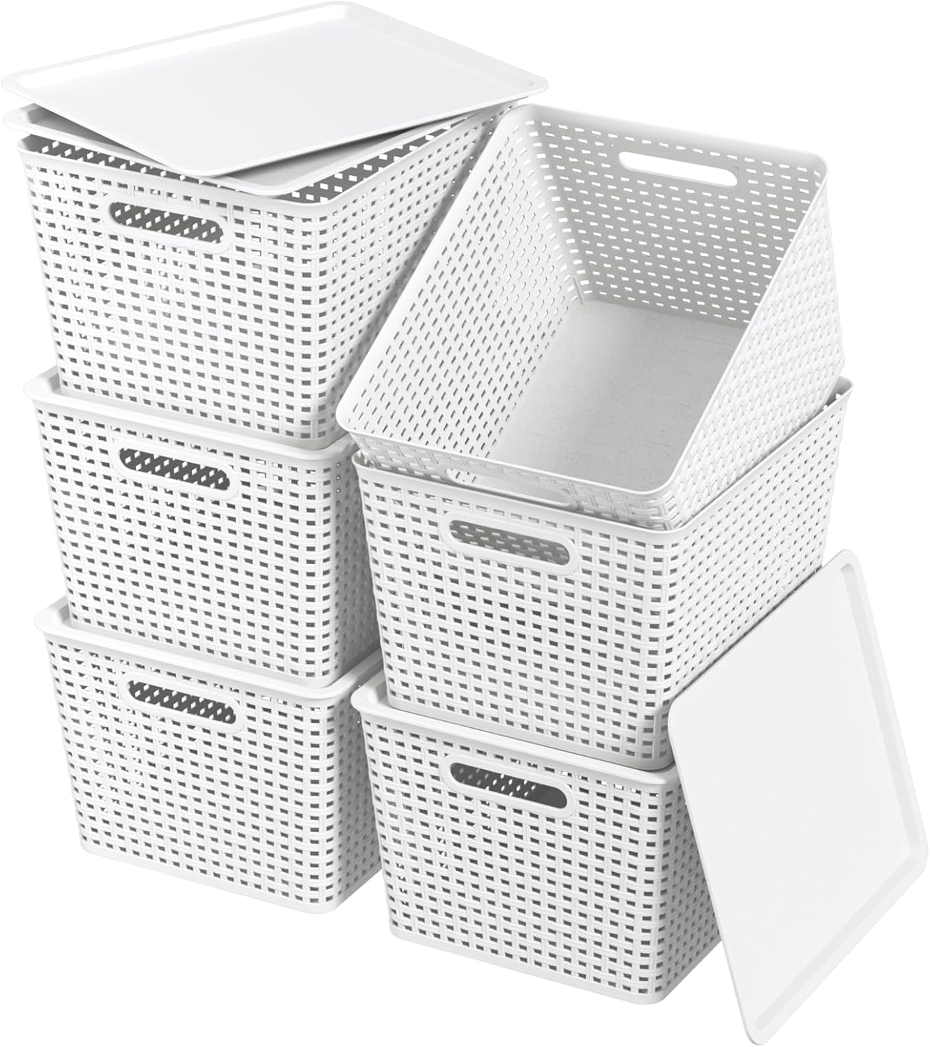 Anbers 6 Pack Plastic Weave Storage Basket with Lid, Dark Grey