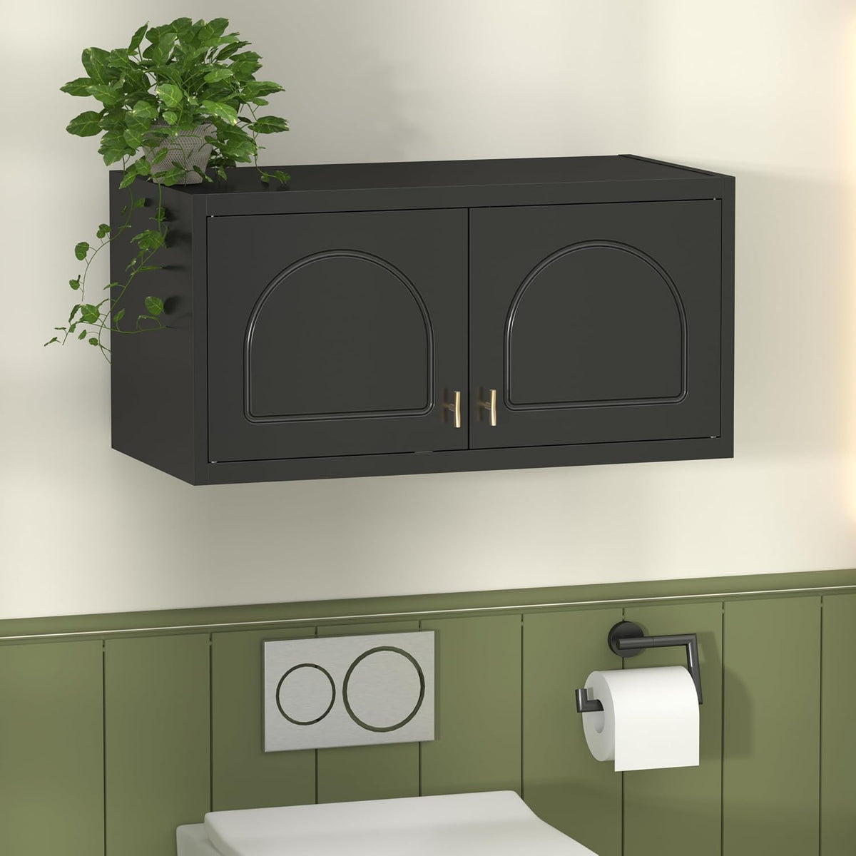 Polup Wall Cabinet with Doors, Small Hanging Cabinet for Kitchen Pantry | Metal Overhead Cabinet for Dining Room, Living Room, Bathroom, 16"D x 32"W x 15"H, Black, Assembly Required
