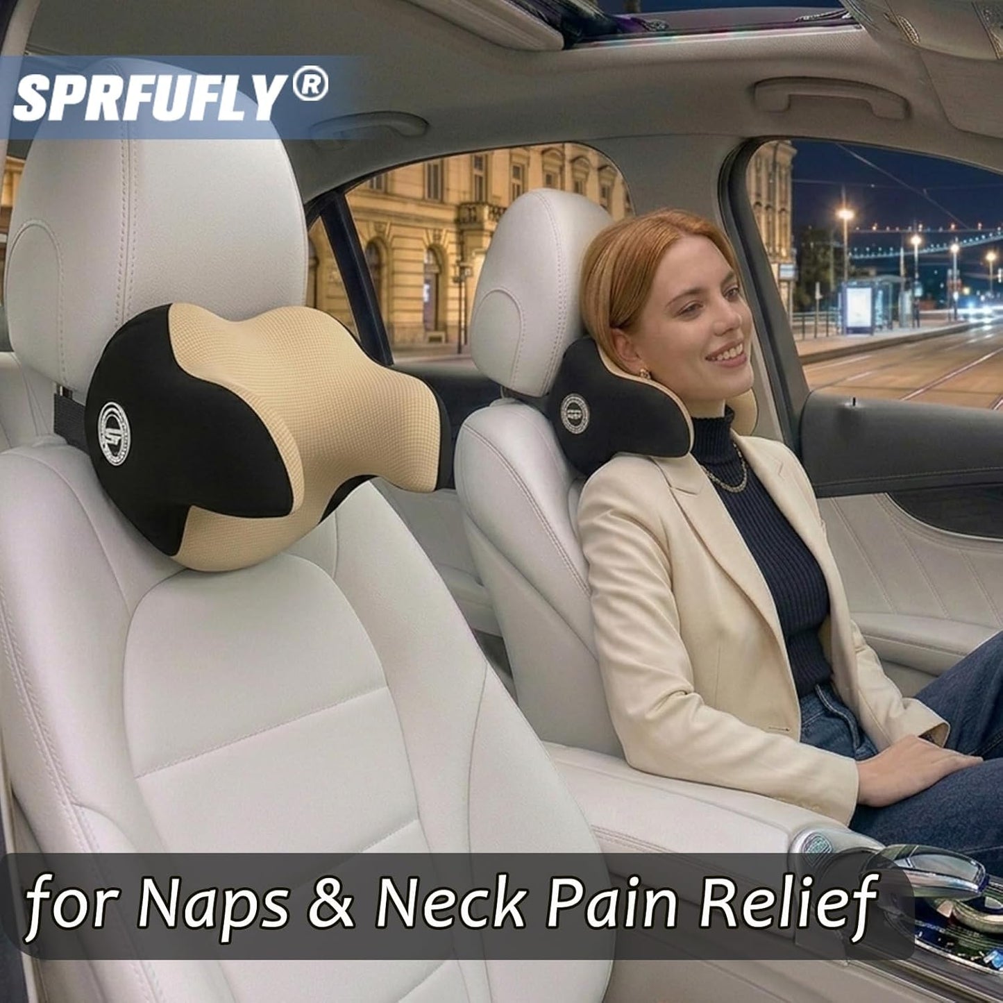 Really Helpful Car Headrest Pillow, Car Neck Pillow for Sleeping with Adjustable Strap, 100% Memory Foam & Breathable Removable Cover, Ergonomic Design - Softness Travel Car Pillow(Beige, 1PC)