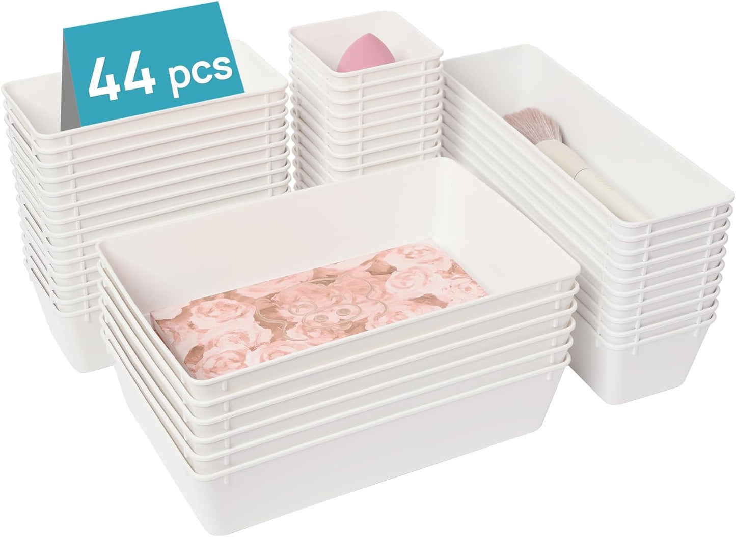 Vtopmart 44 PCS Plastic Drawer Organizers Set, 4-Size Versatile Bathroom and Vanity Organizer Trays, Non-Slip Storage Containers for Makeup, Jewelries, Bedroom,Kitchen Utensils and Office, Pink