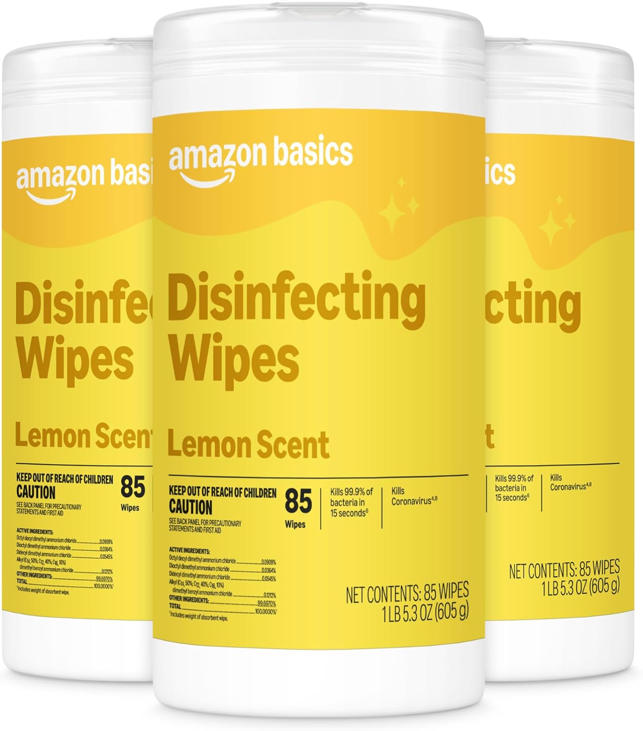 Amazon Basics Disinfecting Wipes, Lemon & Fresh Scent, Sanitizes, Cleans, Disinfects & Deodorizes, 255 Count (3 Packs of 85), Packaging May Vary