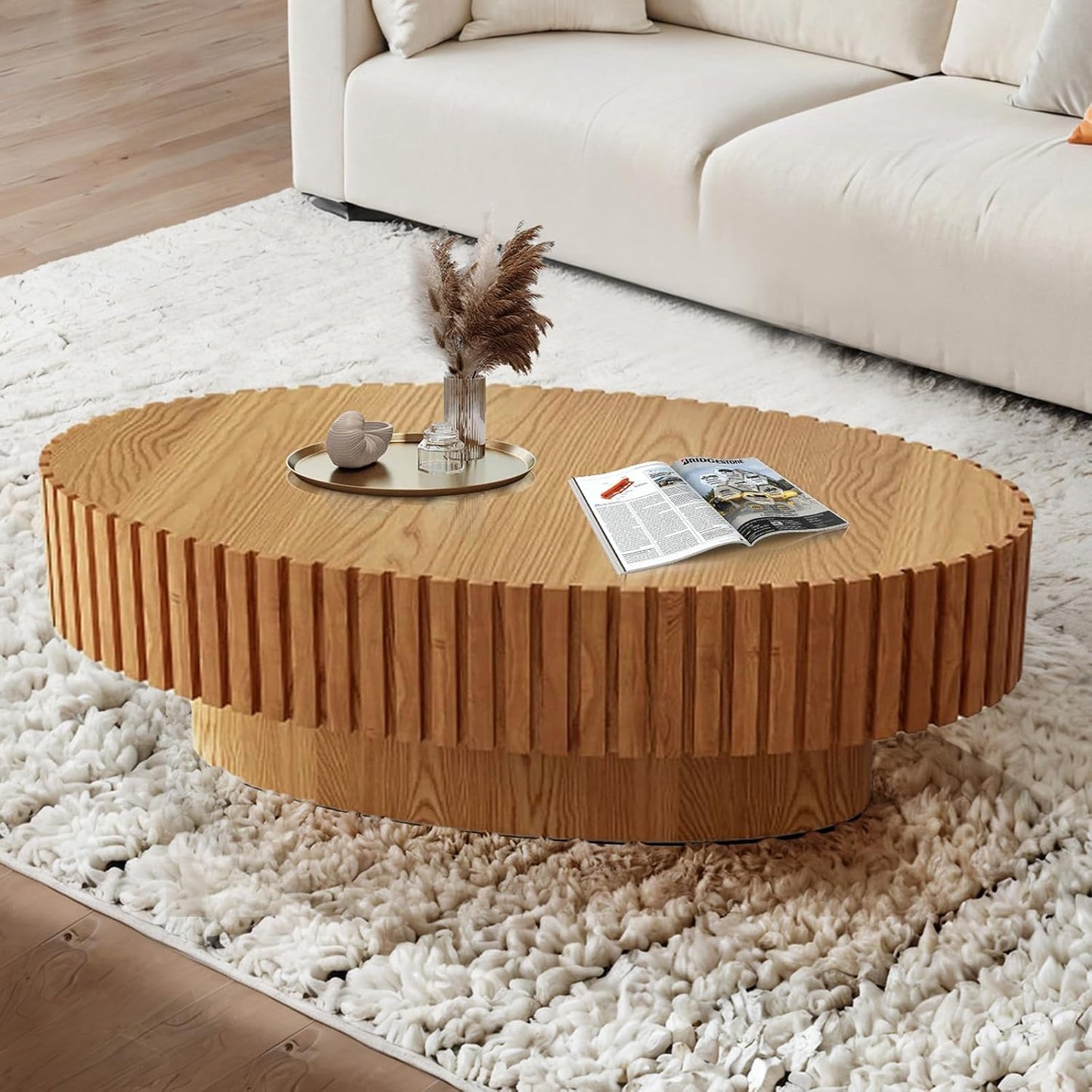 43.3" Oval Coffee Table for Living Room (Wood) | Oval Drum Fluted Coffee Table, Modern Handcrafted Fluted Drum Coffee Tables for Living Room