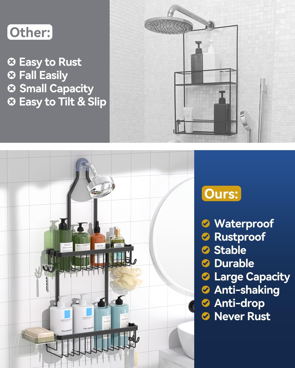 YASONIC Shower Caddy Hanging, Never Rust Shower Organizer Hanging, Aluminum Shower Racks for Inside Shower with Hooks for Razor, Bathroom Organizers and Storage with Soap Holder, Black
