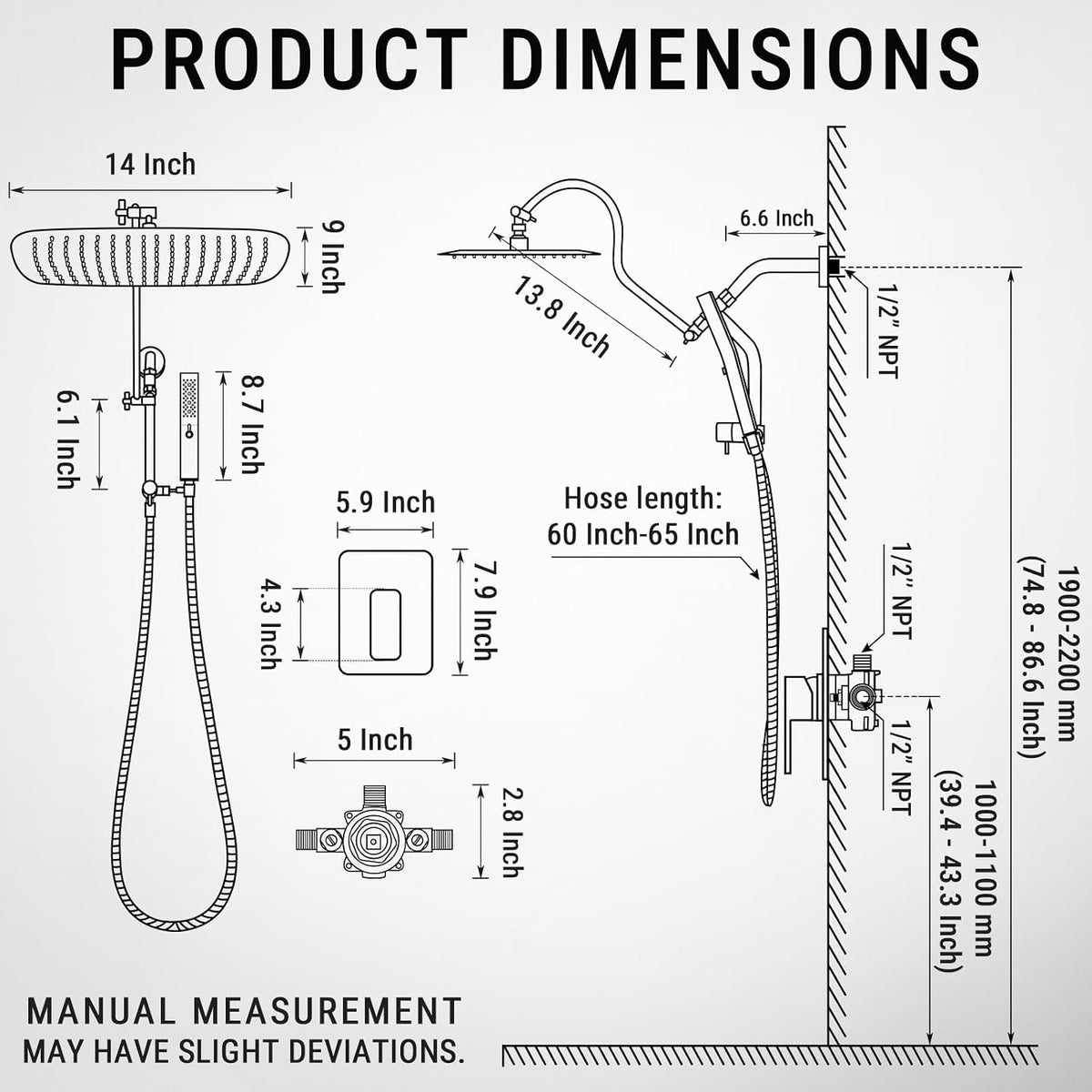 G-Promise 14 Inches Shower Faucet Sets Complete, All Metal Rainfall Shower Head and Handle Set, Extended Downward Diverter, Extension Arm and Pressure Balance Rough-in Valve Included