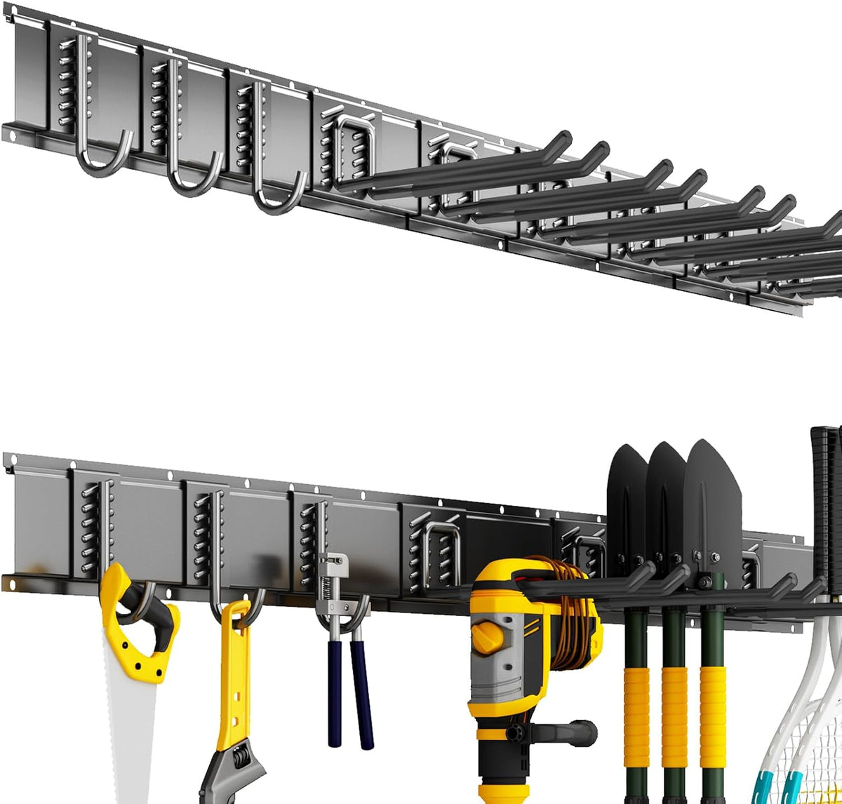 Garage Tool Organizer Wall Mount, 64 Inch Heavy Duty Garden Tool Organizer Storage System, Easy Install with 10 Adjustable Hooks, for Garage, Basement, Shed, Workshop, Black, Steel
