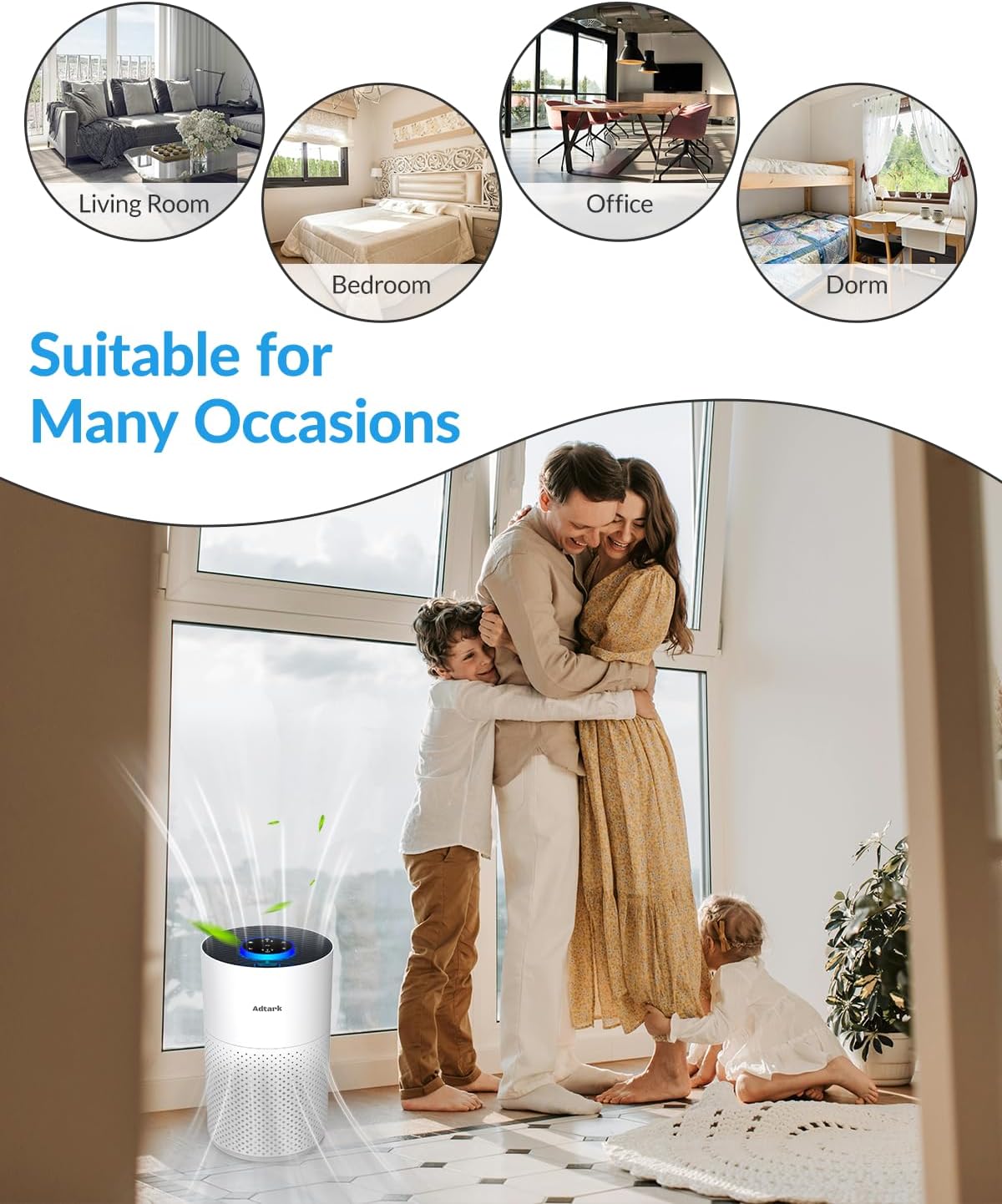 Air Purifiers for Home Bedroom, ADTARK Air Cleaner with 3-in-1 Filter, Sleep Mode & Aroma Function, 3 Light Modes, Room Air Purifier with 3 Timer for Office, Dorm, Hotel (White)