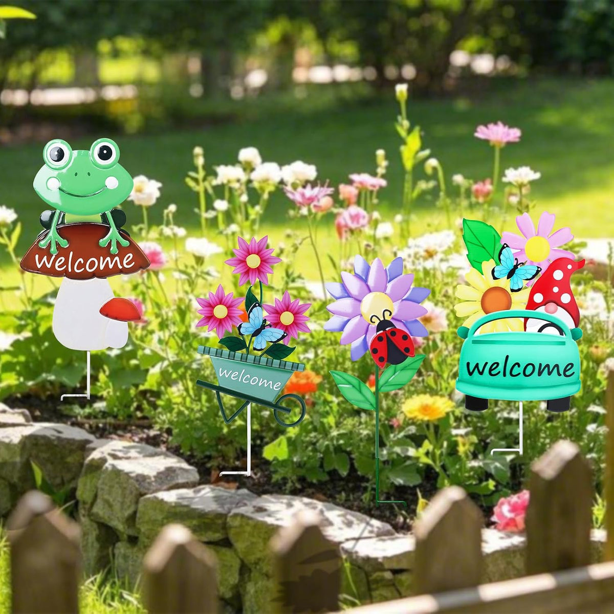 WONDER GARDEN Outdoor Garden Stakes Welcome Decor, 4Pcs Flower Yard Signs