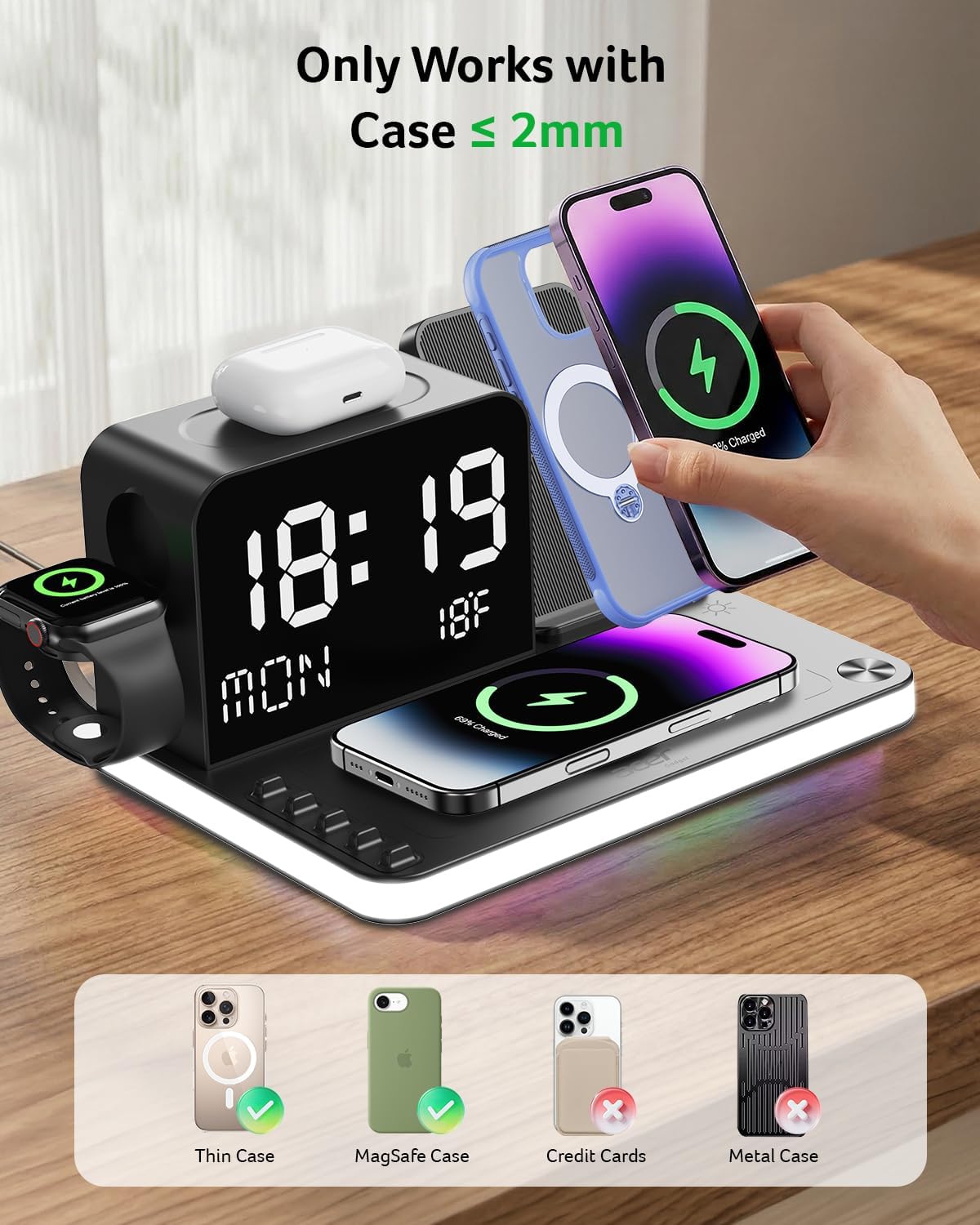 Acer Gadget 7-in-1 Wireless Charging Station Charger Stand for Multiple Devices for Apple - iPhone 17 16 15 14 13 12 Pro Max Apple Watch Airpods, Wireless iPhone Charger Station with Bluetooth TimeSyn