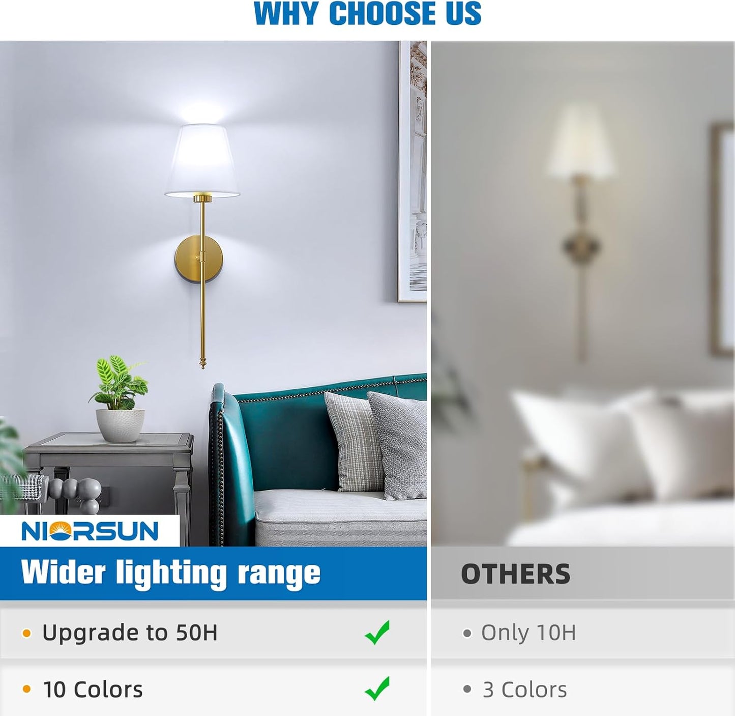 NIORSUN Battery Operated Wall Sconce Set of 2,Gold Rechargeable Wall Lights with 10400mAh Dimmable Bulbs and Remote,10 Colors Wireless Wall Lamps for Bedroom Living Room Hallway Decor