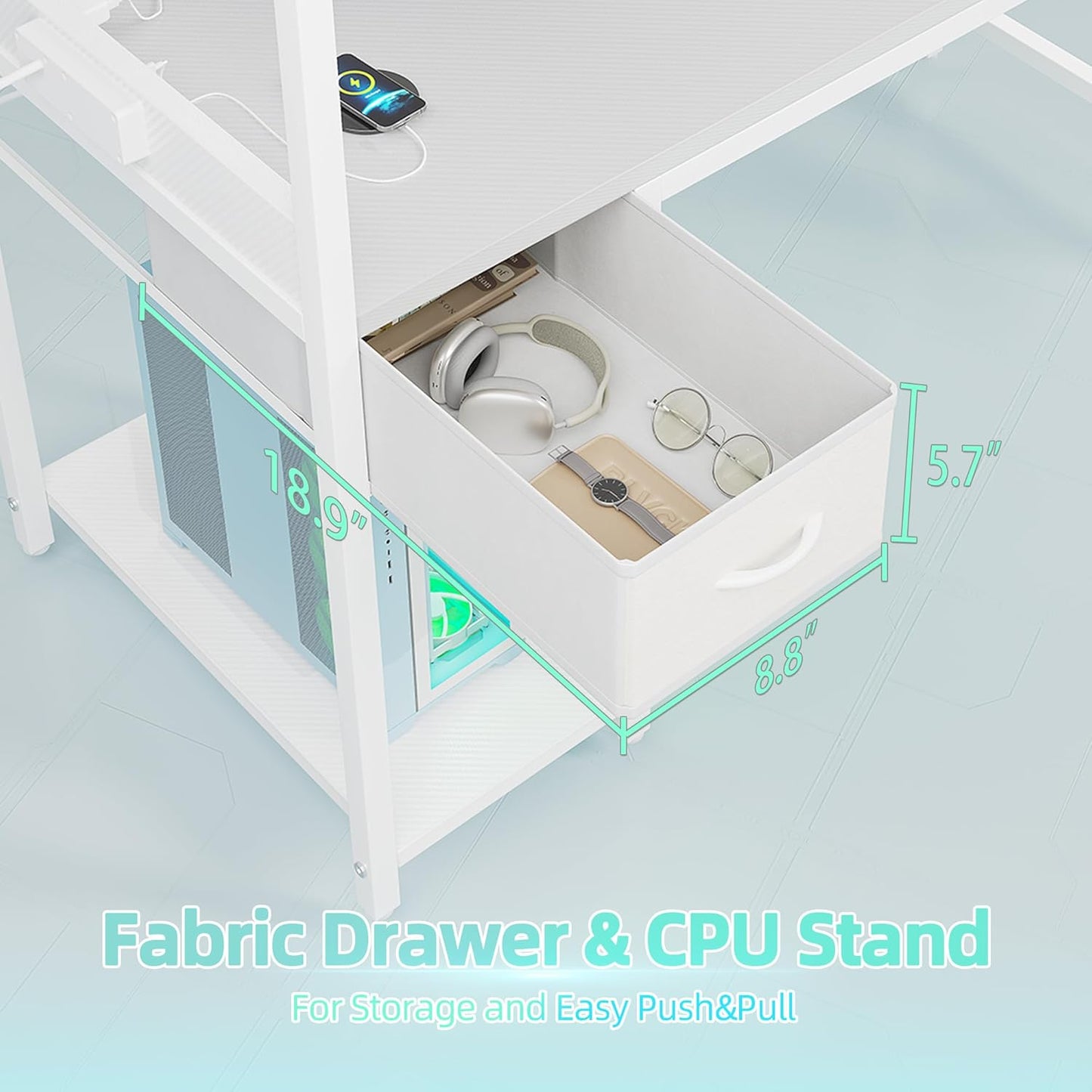 TIQLAB Gaming Desk 40 inch with Power Outlet and LED Light, Computer Desk with Reversible Shelves and Storage Drawer, Small PC Desk for Home Office Table with Bag, Carbon Fiber White