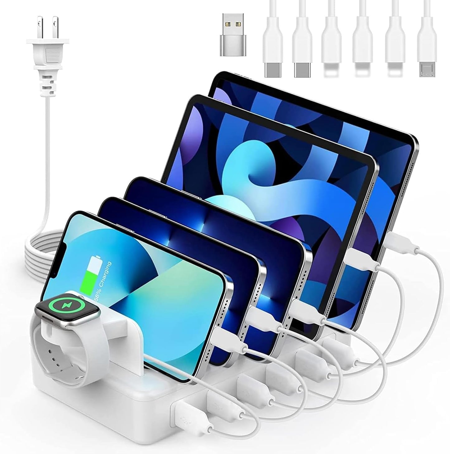 Charging Station for Multiple Devices, 50W 6 Ports USB Charger Station | with Apple Watch Holder & 6 Cables, for iPad Cellphone Kindle Tablet and Other Electronic, 1 USB-A to USB-C Adapter Converter