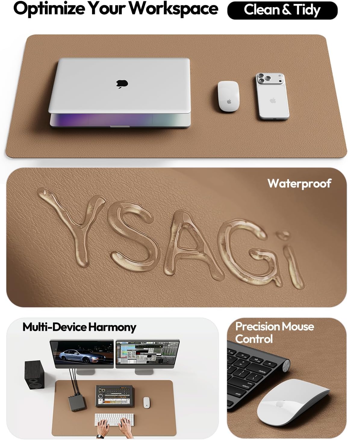 YSAGi Leather Desk Protector, Office Mat, Large Mouse Mat, Non-Slip PU Leather Blotter, Laptop Desk Pad, Waterproof Writing Pad for Office and Home (Khaki, 47.2" x 23.6")