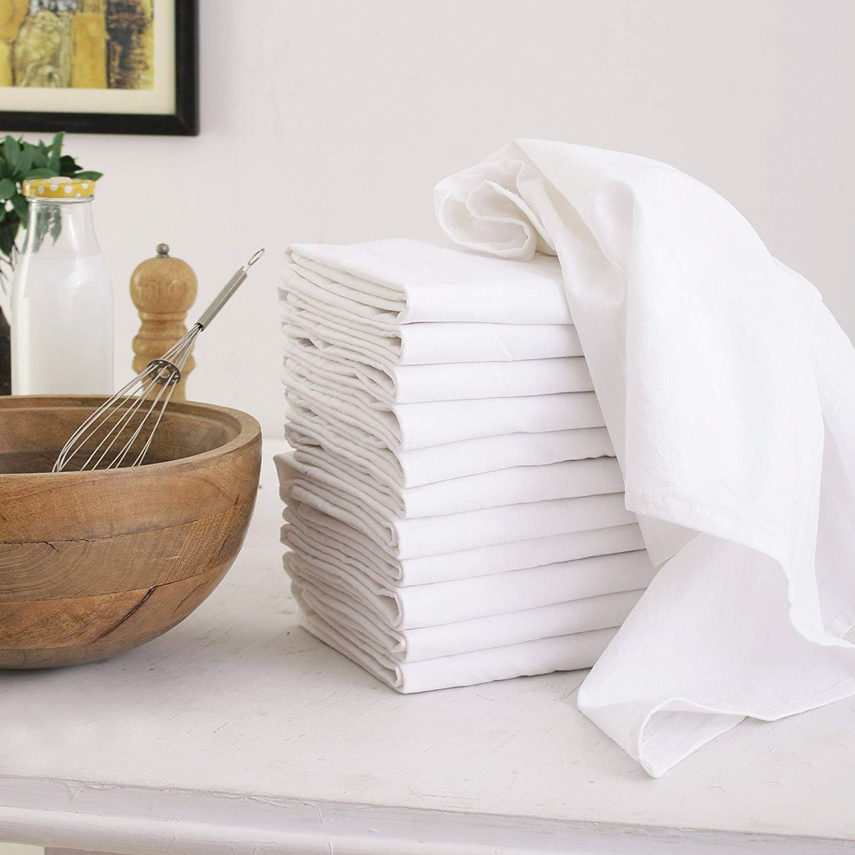 DG Collections 100% Cotton Flour Sack Towels – 24 Pack, 27x27 Inches, White, Lint-Free, Pre-Washed, Hemmed Edges – Reusable Kitchen Towels for Cleaning, Embroidery, Printing & Crafts - White