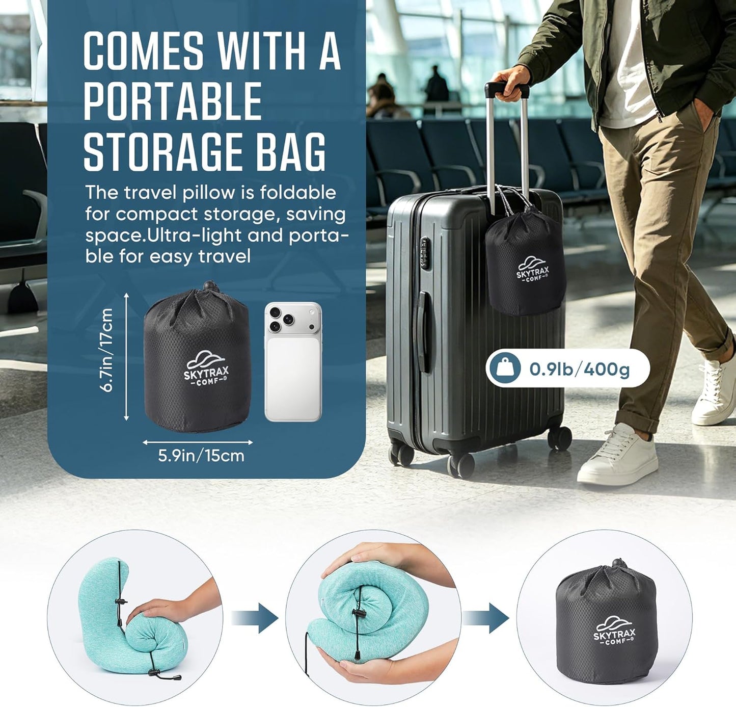 Travel Pillow with Extra Large Hood for Airplane Long Flights Privacy and Comfort Memory Foam with Skin-Friendly Cover for Road Trip Head&Neck Support for Plane Office Cars Sleeping & Rest (Mint Blue)