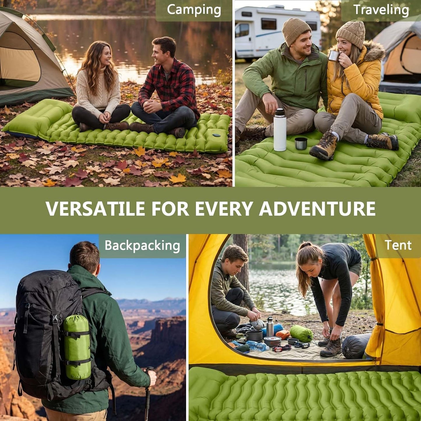 Sleeping Pad, Ultralight Camping Mattress with Pillow, Built-in Foot Pump Inflatable Sleeping Pad Compact for Camping Backpacking Traveling Hiking Tent, Single, Green