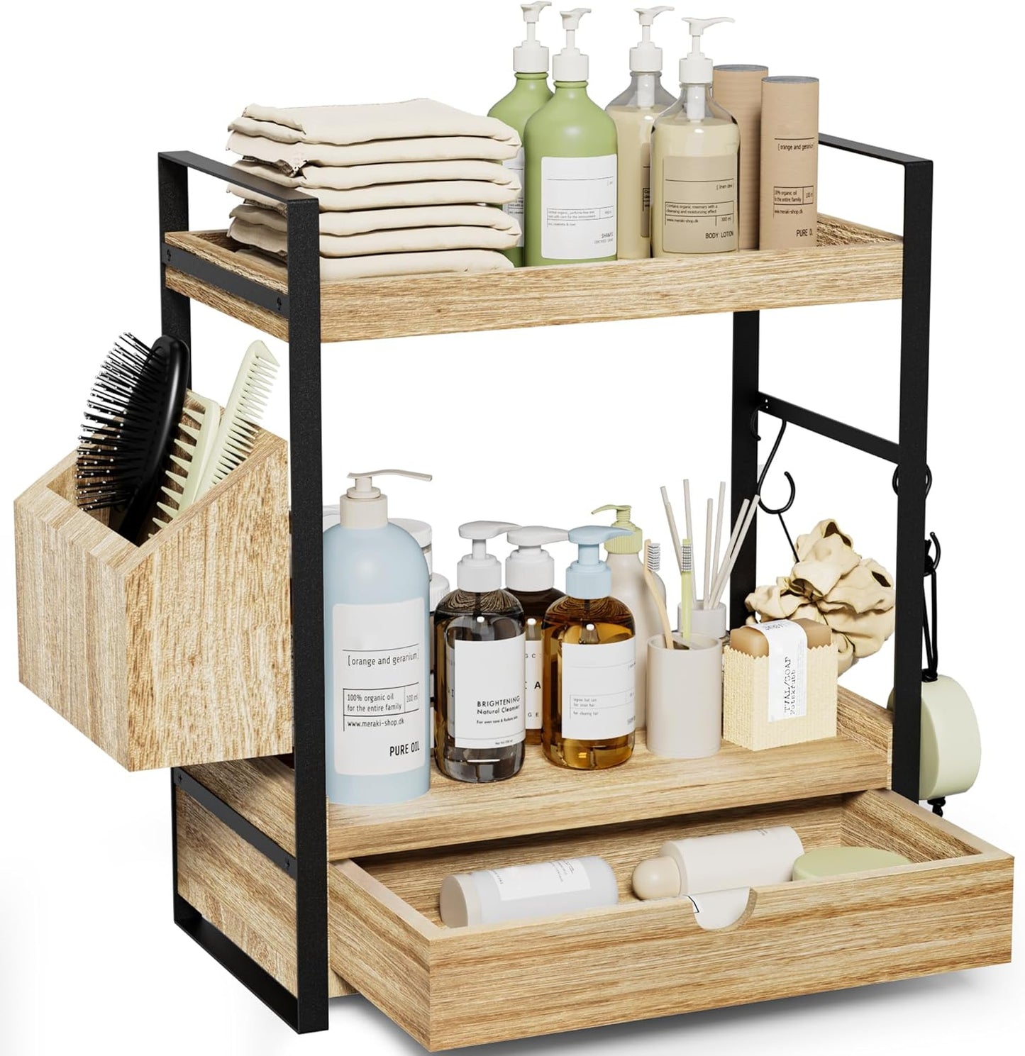 2-Tier Bathroom Counter Organizer with Drawer and Basket, Wood Countertop Organizer for Storage, Skincare Organizers for Vanity, Counter Shelf for Bathroom Organization,White