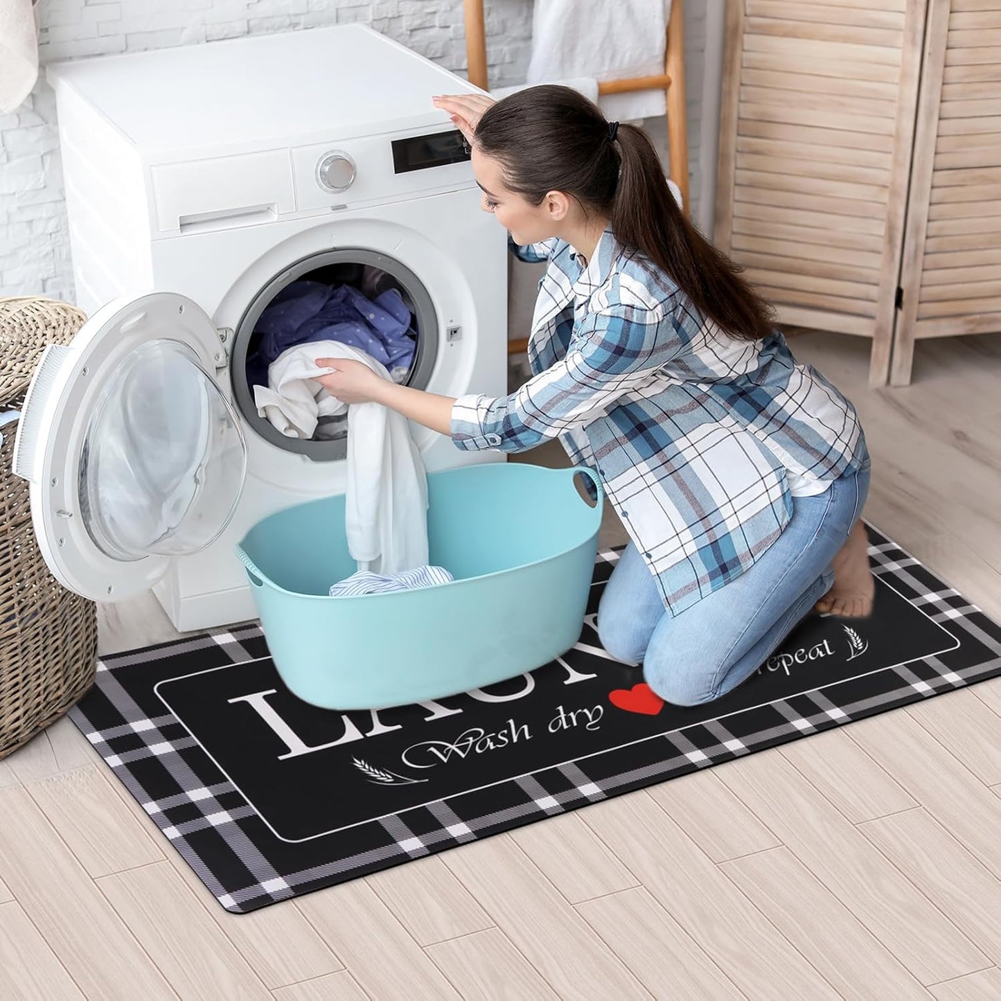 XLHOMO Laundry Room Rug Runner, 17"x47" Buffalo Plaid Non Slip Black Laundry Rugs, Farmhouse Washable Floor Laundry Mats for Laundry Room, Mudroom, Kitchen, Washroom, Bathroom, Entryway Rugs Decor