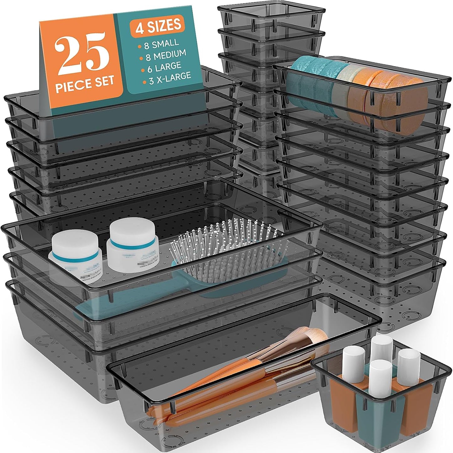 WOWBOX 25 PCS Plastic Drawer Organizer Set, 4 Sizes Desk Drawer Divider Organizers and Storage Bins for Makeup, Jewelry, Gadgets for Kitchen, Bedroom, Bathroom, Office, Clear Brown