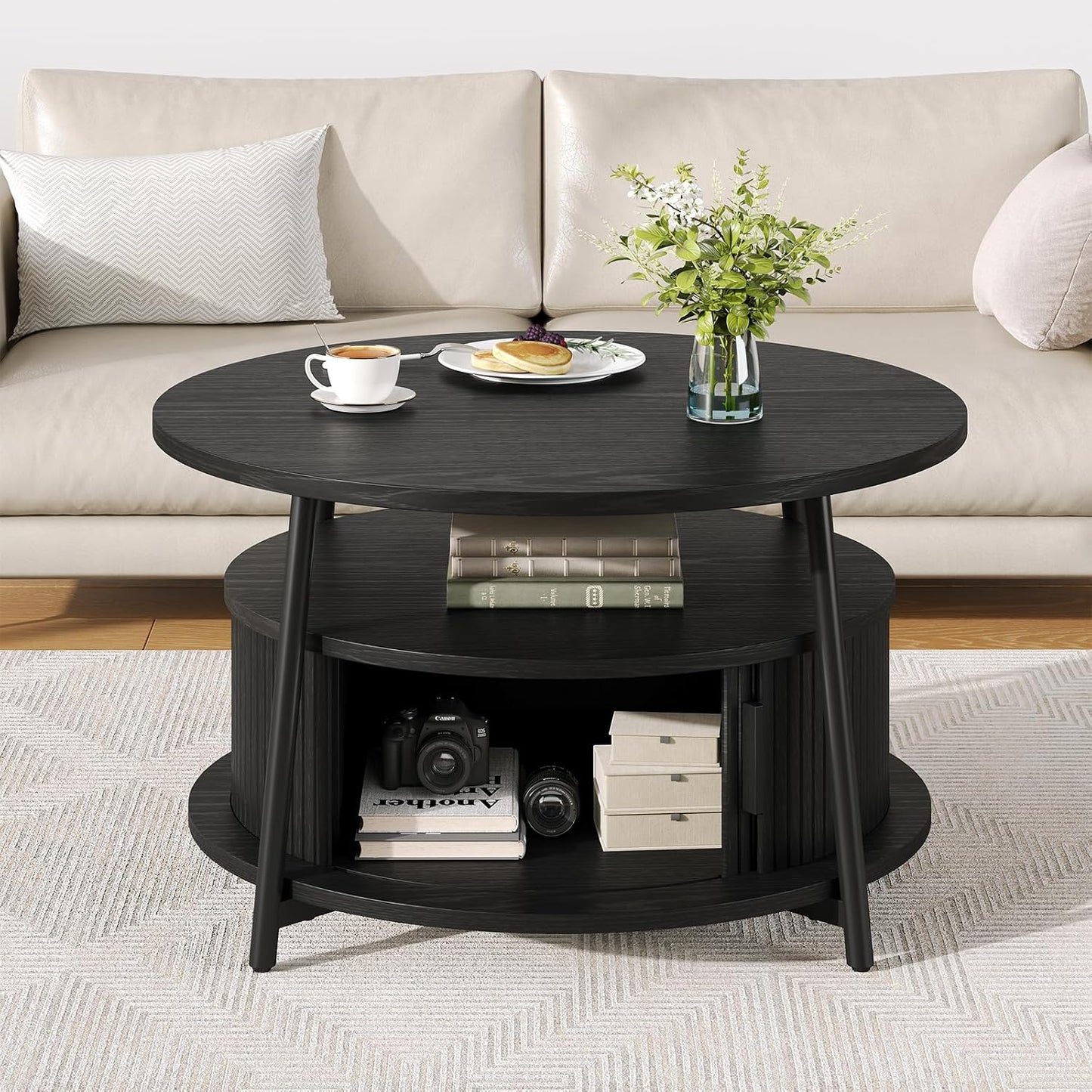 ONBRILL 31.5" Round Coffee Table with Storage and 2 Tiers, Oak | Mid-Century Modern Center Table with 2 Sliding Doors and Adjustable Footpad for Living Room