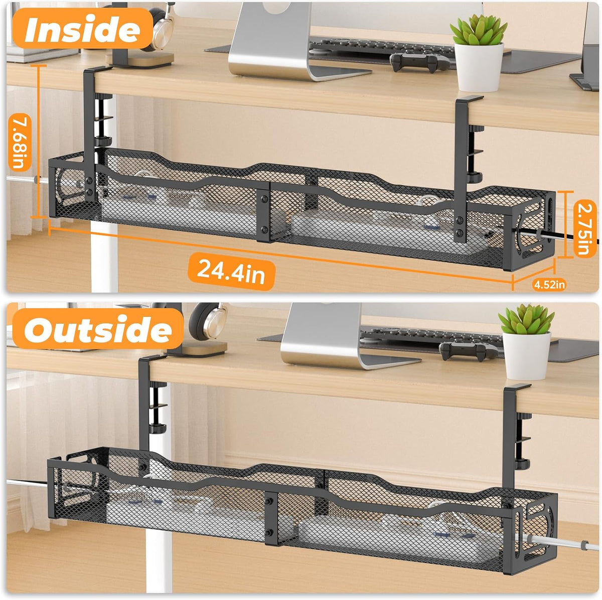 Under Desk Cable Management Tray, No Drill Steel Desk Cable Organizers, Wire Management Tray Cable Management Rack (24.4" Length-Black)