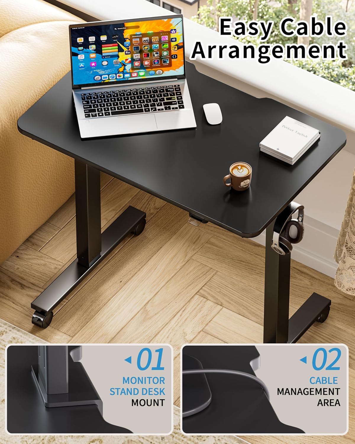 Okin Electric Standing Desk 31.5x19.7 Inches Small Computer Desk-Whole Piece Stand up Desk with Wheels Gaming Rolling Home Office Desks, Black