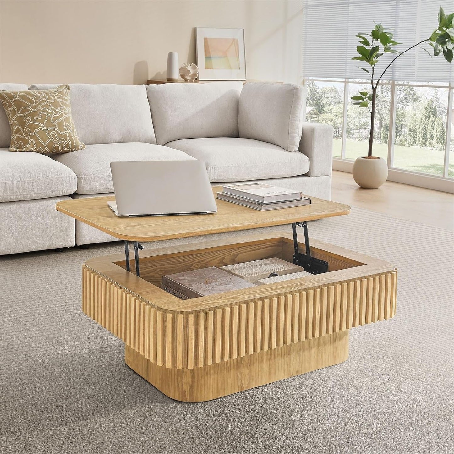 Lift Top Coffee Table for Living Room,Rectangle Handmade Solid Wood Strips, Fluted Coffee Table with Hidden Storage Compartment Small Space Office Apartment (38.6" L×26.8''W×13.8''H-Natural)