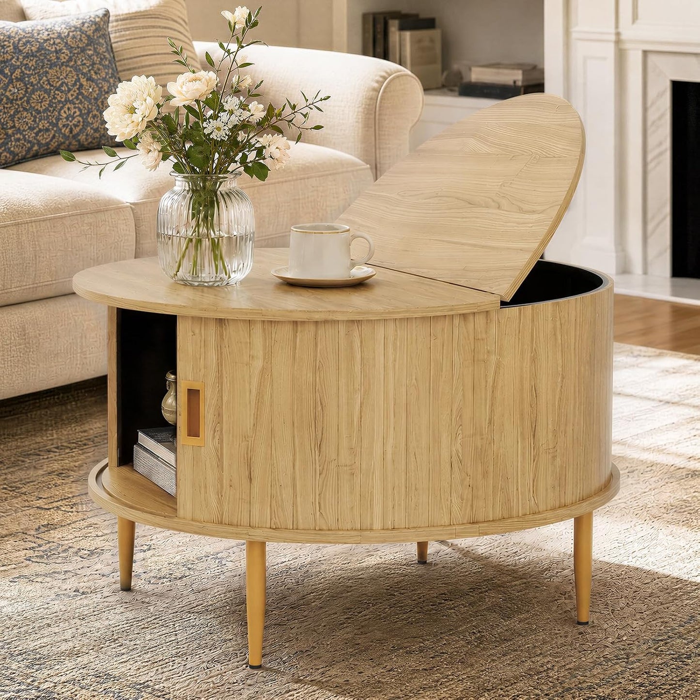 ARTPOWER 31.5" Round Coffee Table with Storage Mid Century Brown Walnut | Easy Assembly,Solid Walnut,Heavy Duty,Flip Top Storage,Fluted Tambour Door,Water&Scratch Resistant Easy Clean,110lbs Capacity