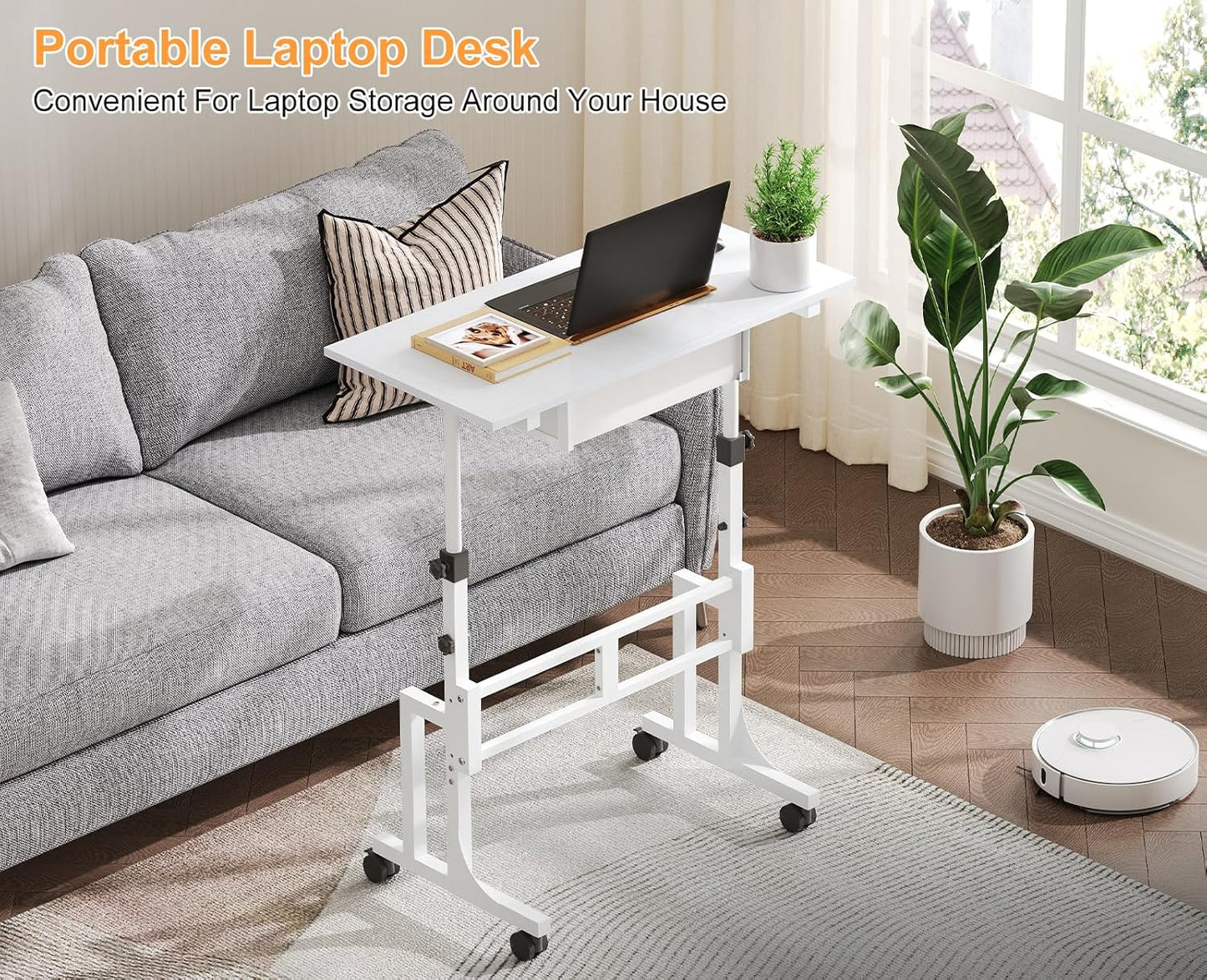 Cidaziya Adjustable Height Standing Desk for Walking Pad Treadmill, Portable Rolling Desk for Laptop with Drawer, Small Moblie Sit to Stand Desk On Wheels with Stiffener for Home Office Dorm Bedroom
