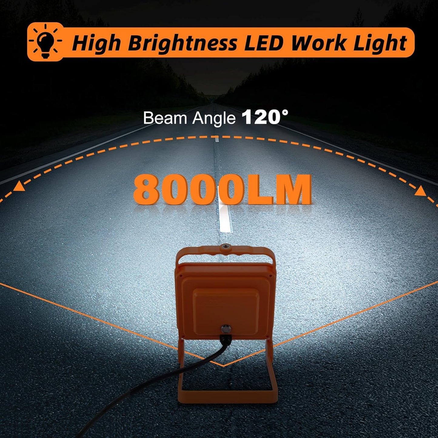2-Pack 50W Super Bright LED Work Light - 8,000LM (500W Equivalent), IP65 Waterproof, 10ft Heavy Duty Cord, 5000K Daylight, Adjustable Flood Lights for Workshop, Garage, Construction Site
